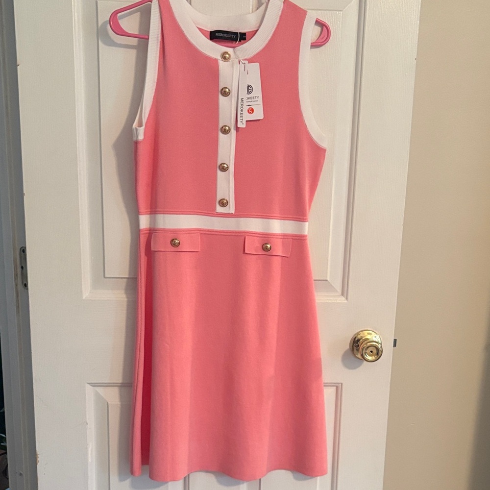 Charming Pink and White Dress with Button Accents